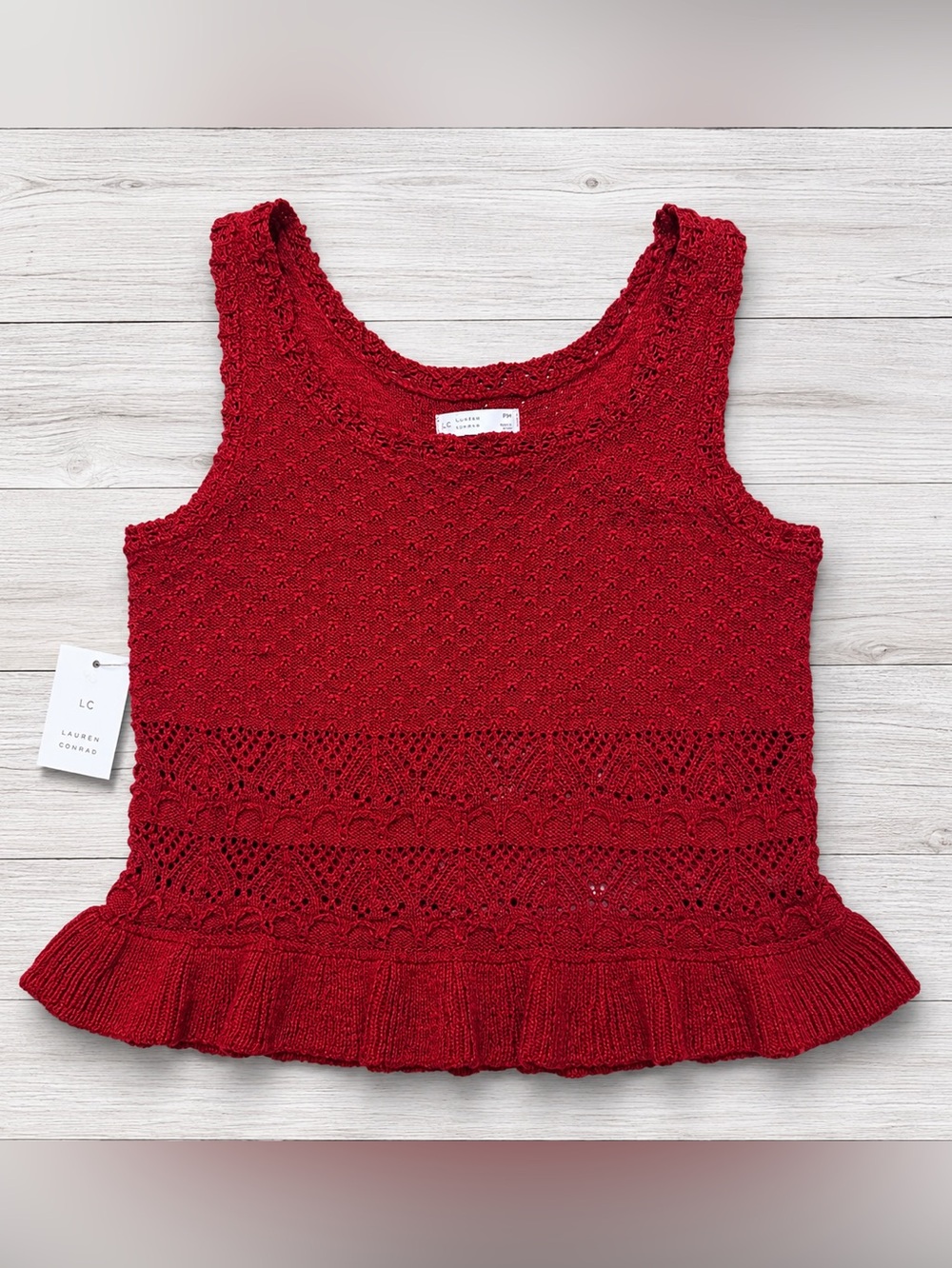 LC Lauren Conrad Red Pointelle Knit Ruffle Hem Tank Top Petite Medium NWT